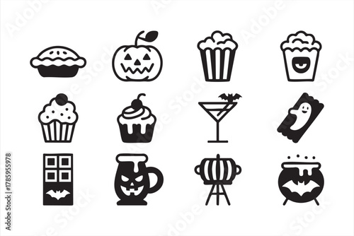 Halloween party treats and beverages icon collection for festive design use