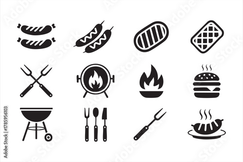 Summer cookout and BBQ icon collection showing meat, grill, and fire symbols