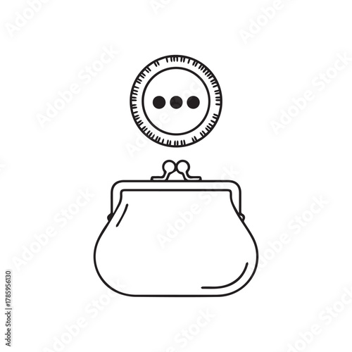 Purse with coin isolated on white background in vector line illustration
