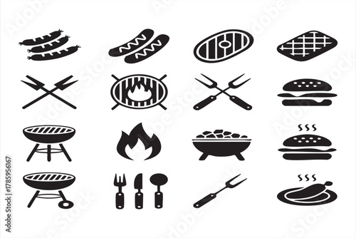 Black food and grill icon collection representing barbecue and picnic concept