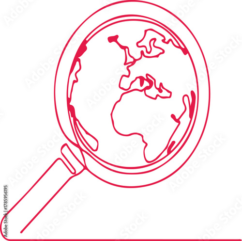 Globe under magnifying glass continuous line art vector illustration search concept for web and ui d