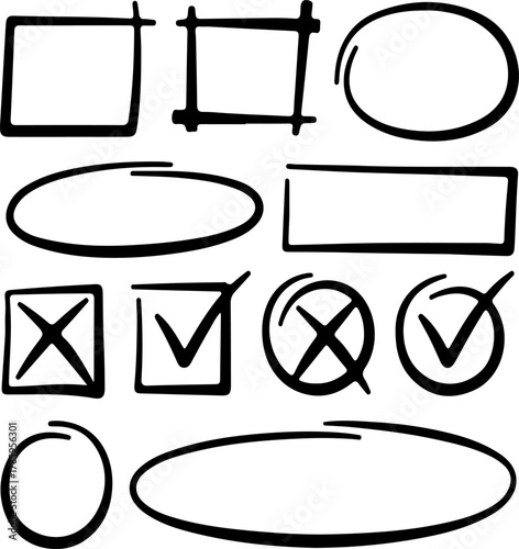 Hand drawn check mark and cross circle and square shapes vector doodle elements for design and highl
