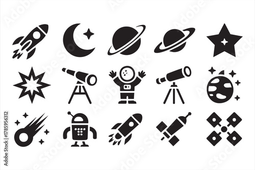Astronomy and galaxy exploration vector icons with telescope and astronaut