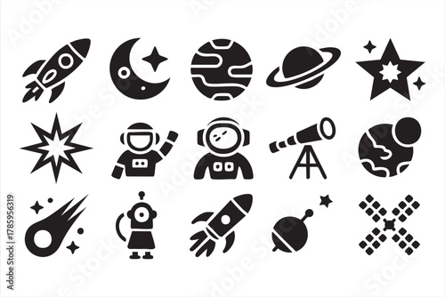 Astronaut and rocket vector symbols representing exploration of the universe