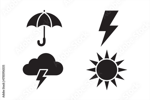 Minimalist black silhouette weather symbols for forecast and climate design