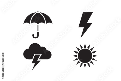 Sun, rain, and thunderstorm icon collection for meteorology concept art