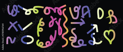 Colorful abstract neon scribbles and symbols on black background