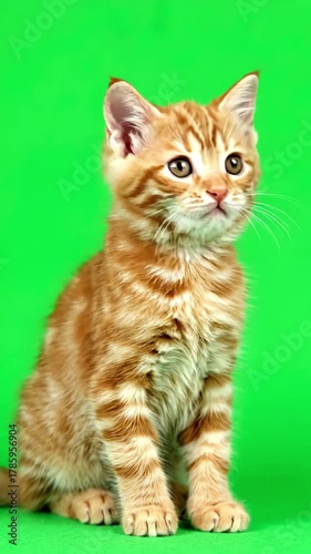Cute Animal Cutouts with orange kitten looks in different directions on a green screen distortion, overlay, glitch, static noise, scan lines black background, 4k animated video loop