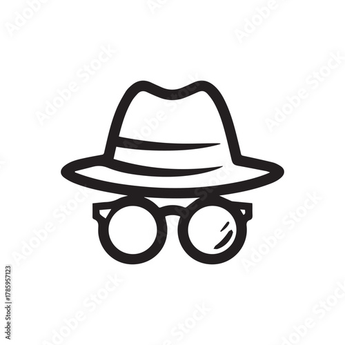 Incognito icon with hat and glasses isolated on white background
