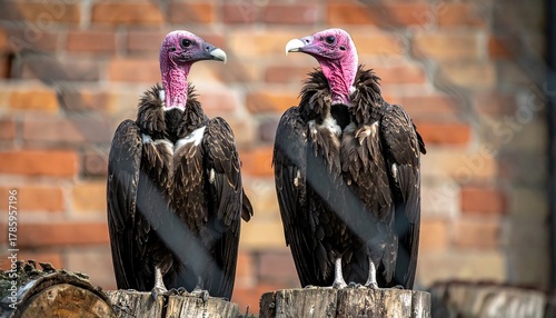 Two birds with pink heads and dark plumage perch on logs, framed by a fence, against a brick wall backdrop