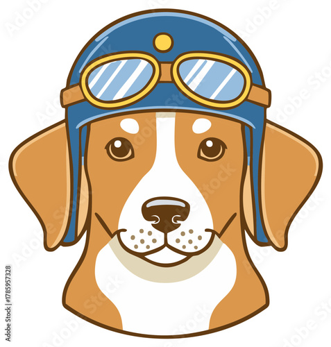 Cute cartoon dog in a vintage aviator helmet with goggles illustration