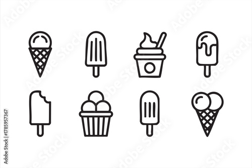 Ice cream and popsicle vector icons set in minimalist black line style
