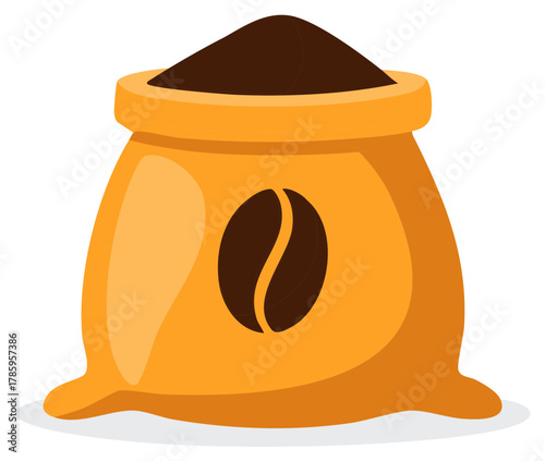 Orange coffee sack filled with fresh roasted beans or ground coffee powder illustration