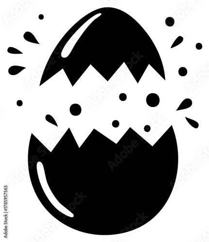 Black and white cracked egg icon with bursting explosion and splatter effect