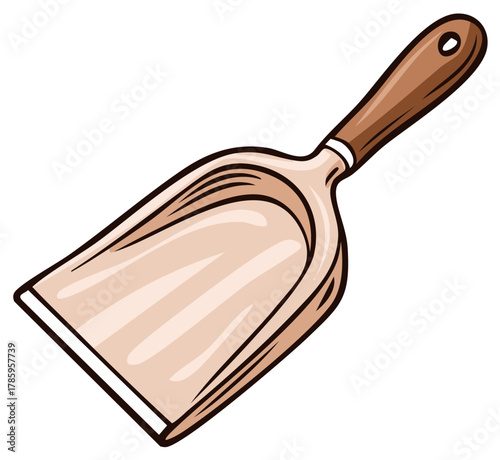 Illustration of a simple scooper with a wooden handle and a wide, flat opening
