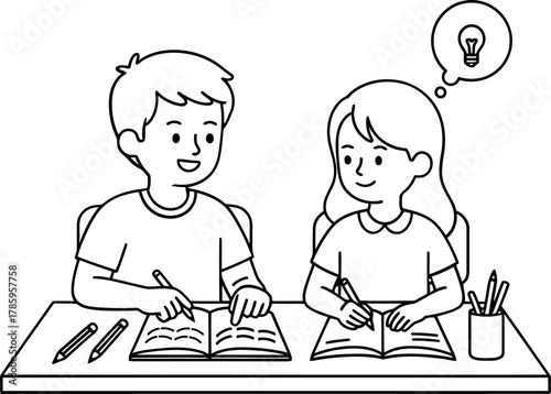 Cartoon illustration of boy and girl children studying and reading books at a school table