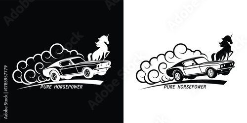 Car graphic with a unicorn and smoke trails on a black and white background, vintage style