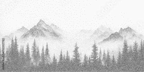 Drawing of mountains and forest. Minimal figure with soft stipple dry paper texture and noisy grain. Scratch lines and fading ink create a subtle retro surface.