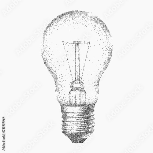 Vintage light bulb with glowing filament, textured with paper grit and soft grain, dusty edges and speckled background with faded ink shading.