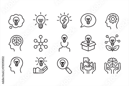 Creative idea and innovation vector icons set with brain and lightbulb designs