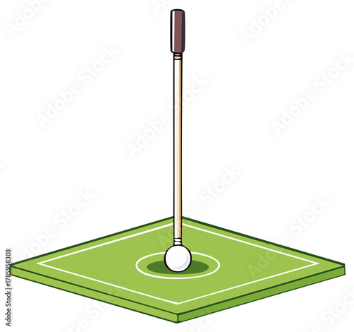 Golf ball on putting green with flagstick, sport illustration