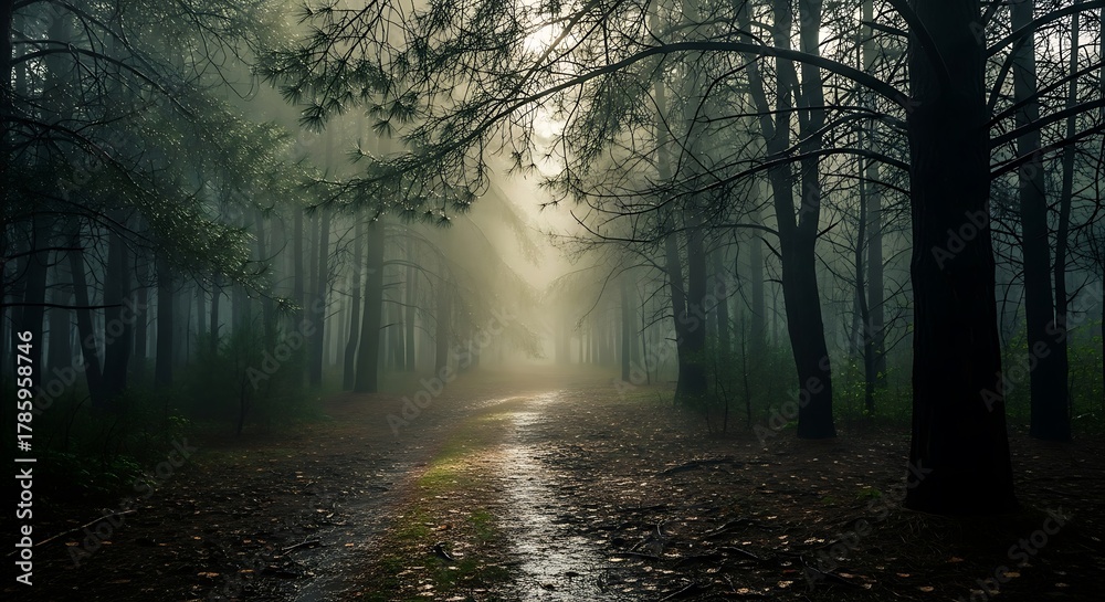 Obraz premium Ethereal Forest Path - Sunlight Piercing Through the Misty Canopy.