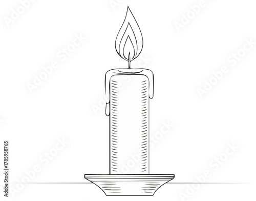 Simple line art drawing of a lit wax candle with burning flame and dripping wax