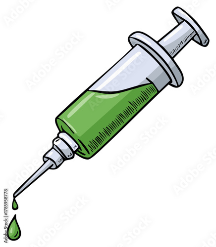 Illustrated medical syringe with dripping green liquid for vaccine or poison concept