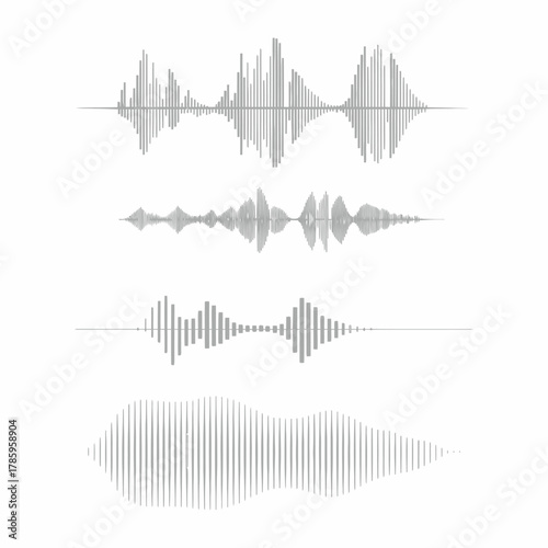 Audio Waveforms Representing Different Sound Frequencies and Amplitudes in Visual Form on White Background
