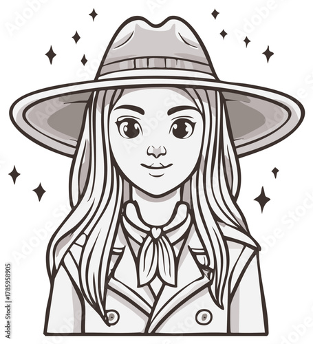Cartoon Woman with Hat and Coat in Monochromatic Style with Starry Accents