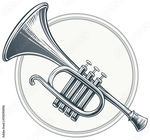Monochrome engraved trumpet musical instrument graphic design in circle