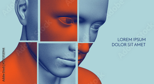 The face is made up of displaced mosaic pieces. Abstract digital human head. Psychology. The concept of personality disintegration. Illustration for brochure, poster, cover, presentation or flyer.