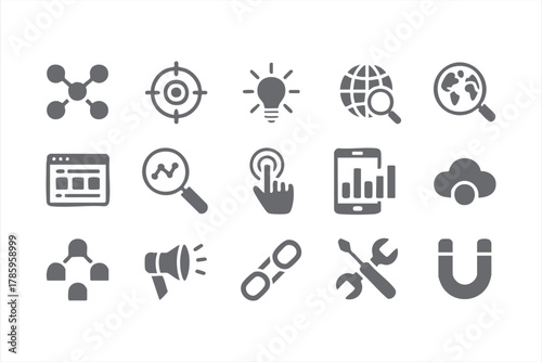 Minimalist web and data analytics icons representing internet marketing concepts
