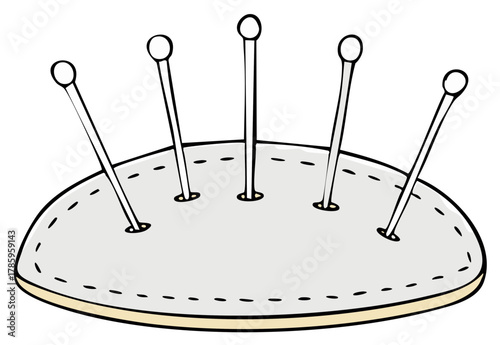 Cartoon illustration of a gray pincushion with sewing pins for needlework and tailoring