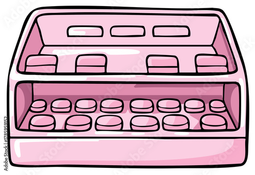 Cute pink cartoon display case with compartments and round items illustration
