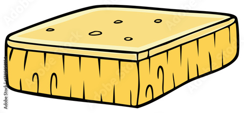 Cartoon image of a textured yellow cheese block with dark outlines and holes