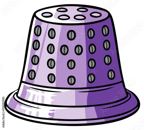 Illustration of a purple thimble with rows of gray circles and small holes on top