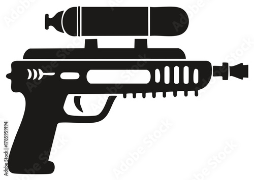 Futuristic Science Fiction Laser Blaster Pistol with Scope Silhouette Vector Icon
