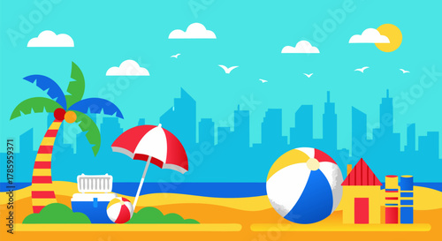 Beach Vacation Vector Illustration with City Skyline Background