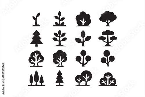 Tree and forest vector icons set in minimalist black silhouette for eco design