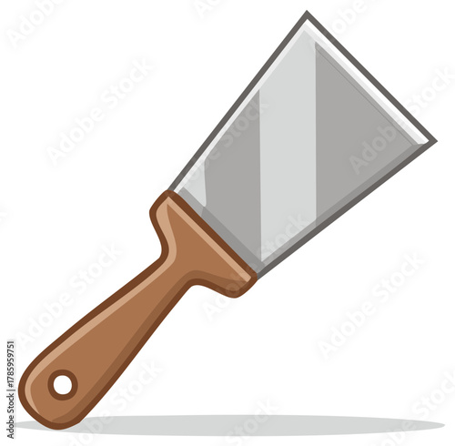 Cartoon Illustration of a Metal Putty Knife with Wooden Handle for Spackling