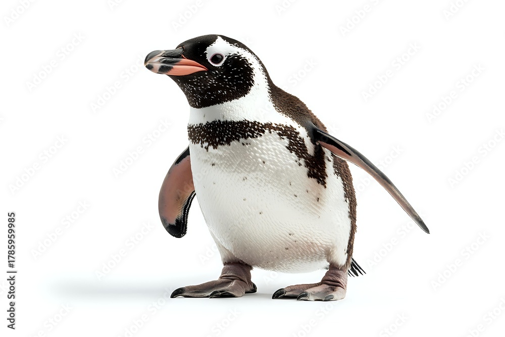 Obraz premium Gentoo penguin with distinctive white and black markings standing upright on white background, isolated for wildlife and conservation projects.