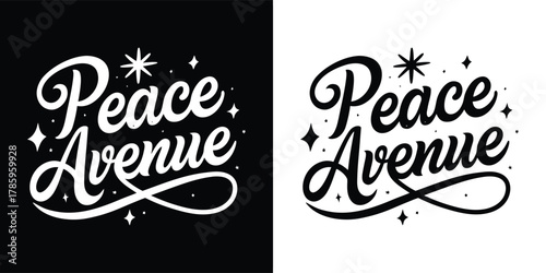 Peace avenue text with stars and sparkles on black and white backgrounds, graphic design
