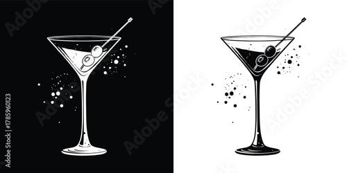 A stylish black and white illustration of a martini glass with a garnish and splash effect, presented on both black and white backgrounds for versatility