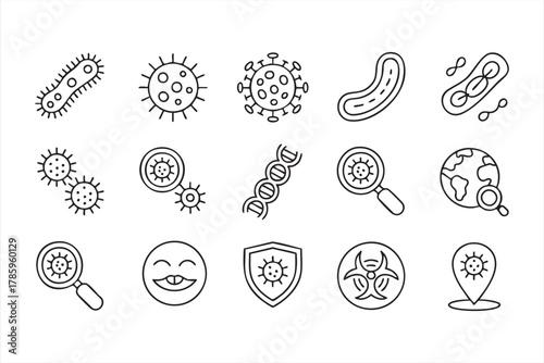 Minimalist pathogen and germ icon collection for science and medical illustration