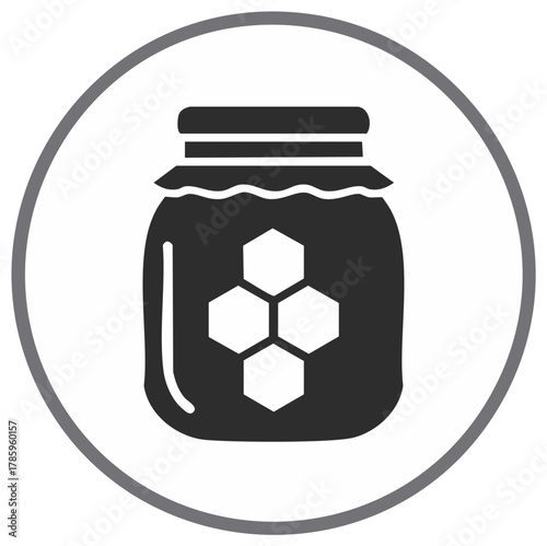 Jar of honey with honeycomb icon in a circle