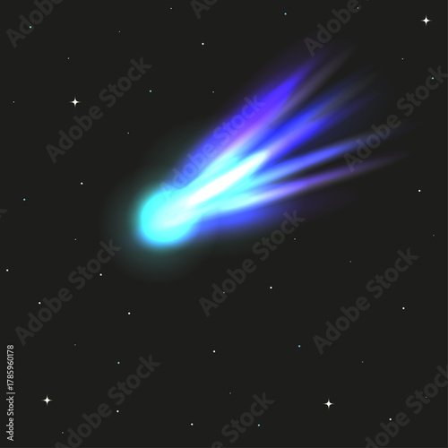 3I/Atlas comet in the space. Vector illustration of shiny comet with colored fire tail in black starry galaxy. Gradient comet template design. Perfect astronomical science poster cover layout. 