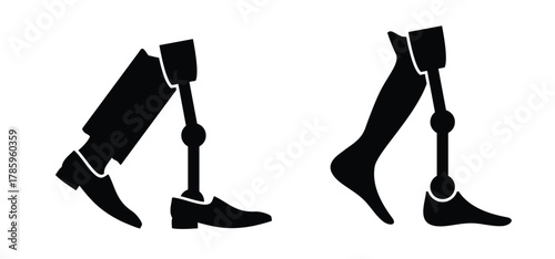 Prosthesis leg. Cartoon disability, artificial prosthetic legs. Artificial leg for comfortable living. Human leg prostheses set. prosthetics concept. Amputees with a leg prosthesis. Bionic legs icon.
