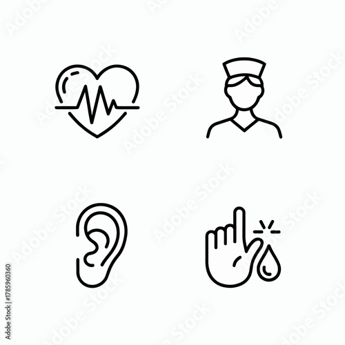 Medical Icon Set Featuring Heartbeat Nurse Ear and Blood Drop Minimalist Line Art Symbols for Healthcare Professionals
