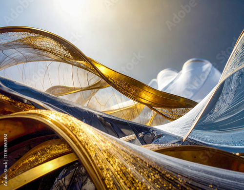 Luxury vintage automobile on an abstract golden background with flowing golden lines and ribbon accents